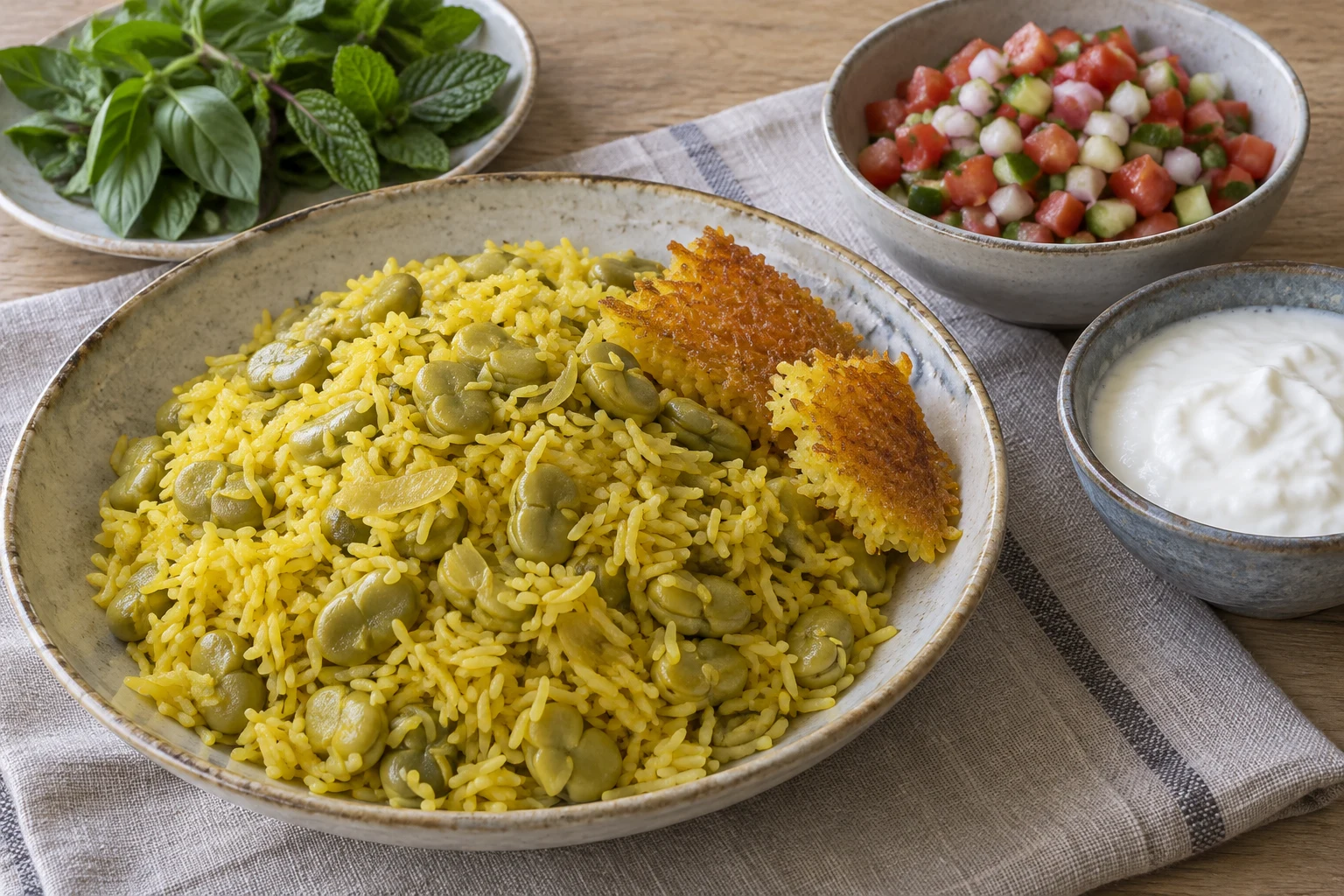 Yellow rice and broad beans with crisp rice crust, tomato cucumber onion salad, plain yogurt, and fresh herbs.