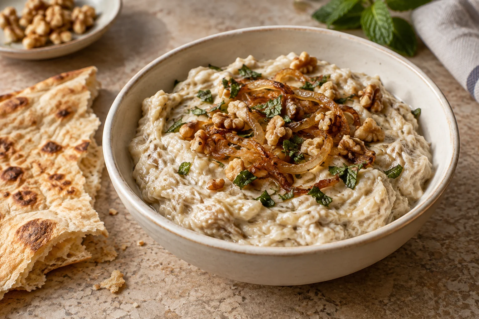 Creamy beige eggplant and yogurt dip with cooked onions, walnuts and mint beside flatbread