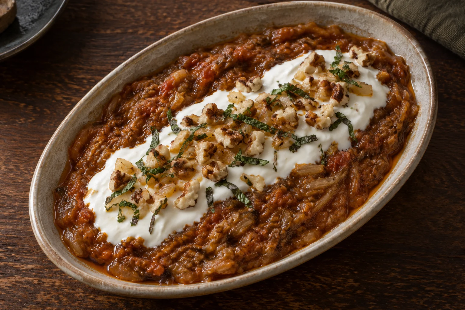 Tomato-rich cooked eggplant spread with a separate white yogurt ribbon, walnuts and mint
