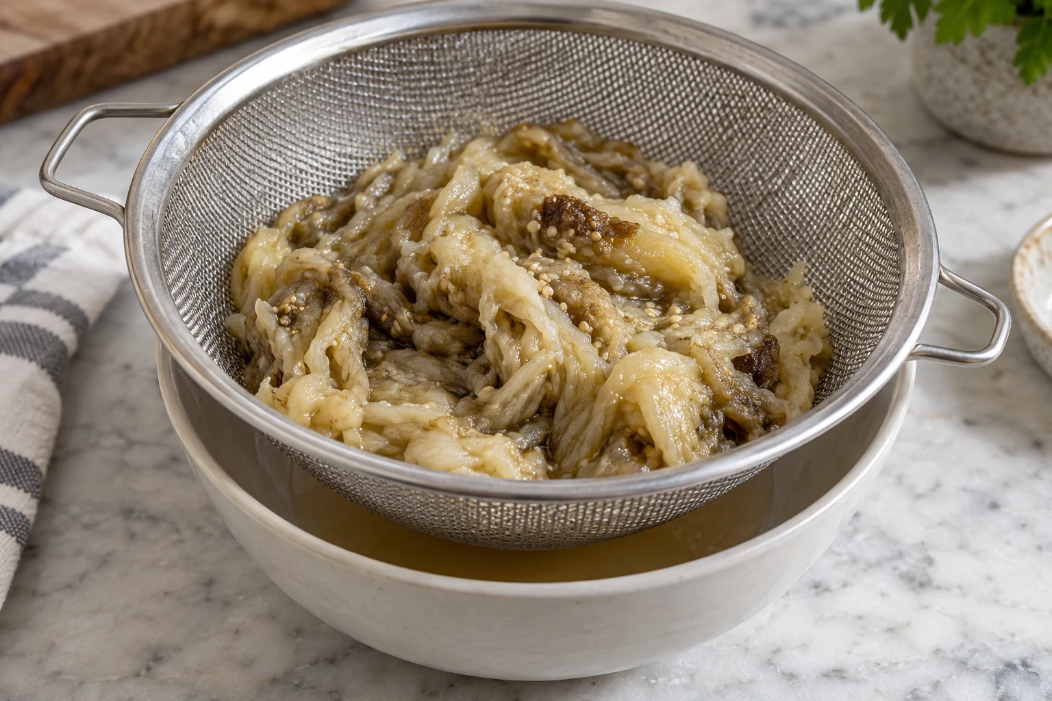 Soft peeled cooked eggplant flesh draining in a mesh colander over a catch bowl