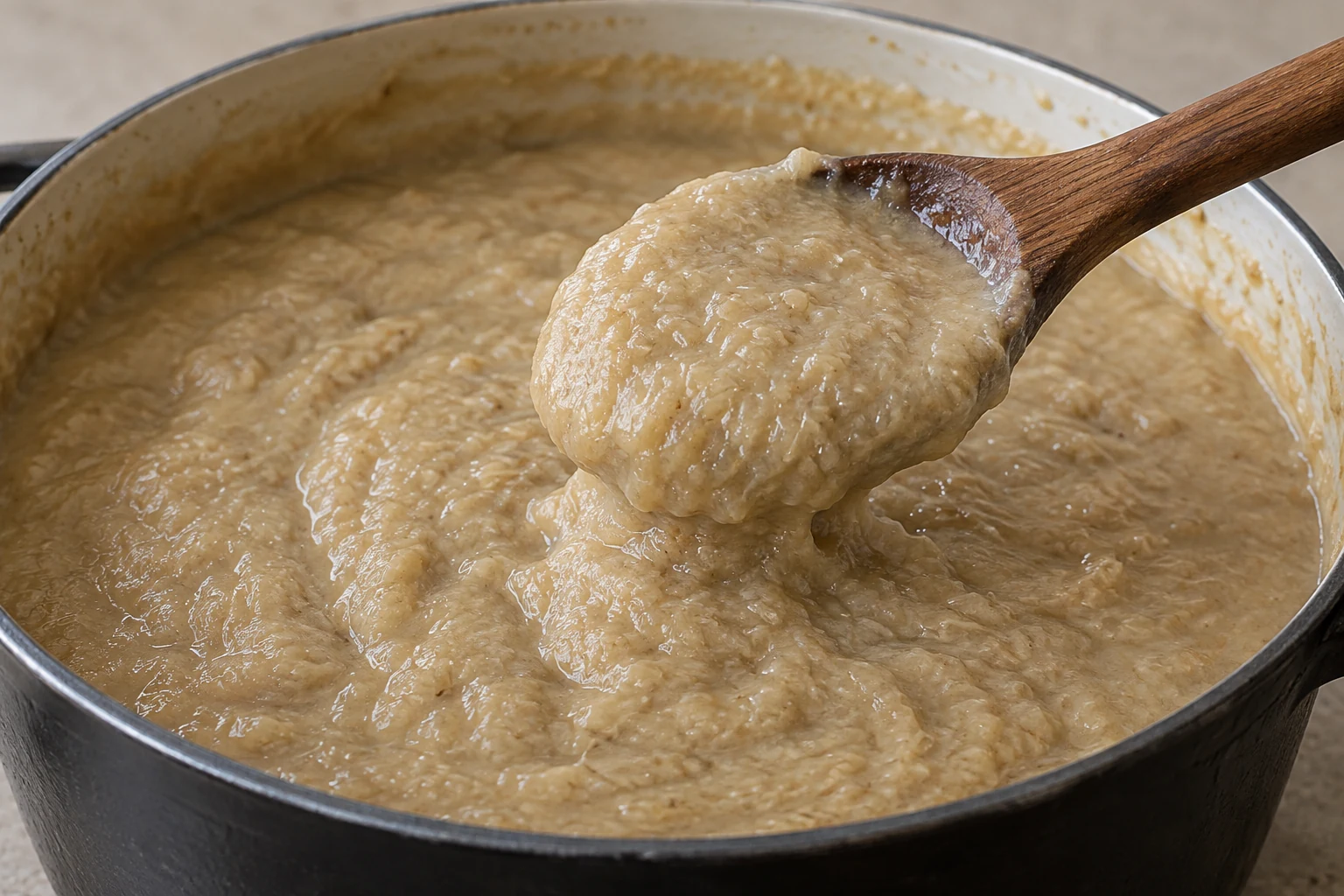 A wooden spoon lifts a thick spoonful of pale halim above a cooking pot