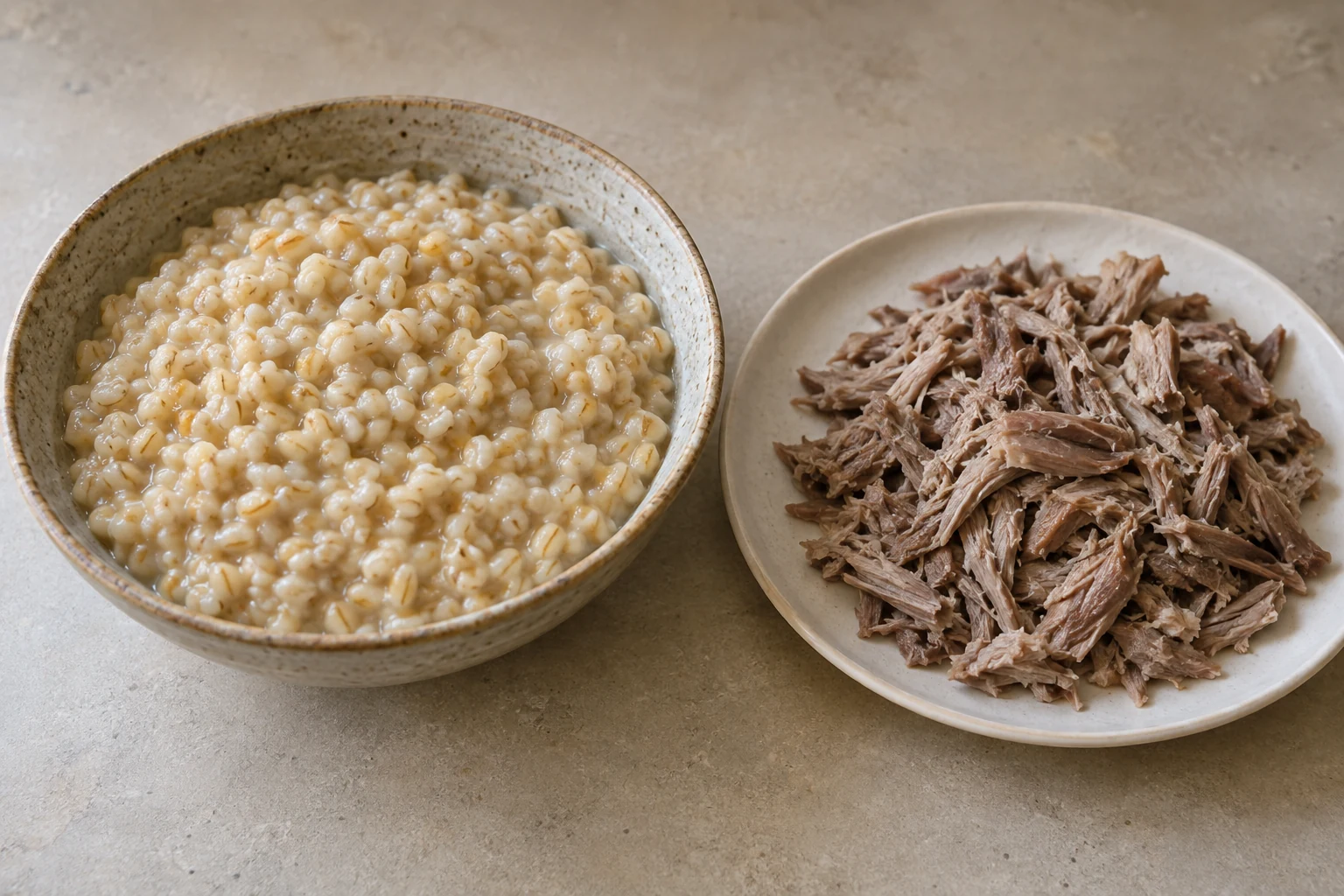 Soft cooked grains in one bowl beside finely shredded cooked meat on a plate