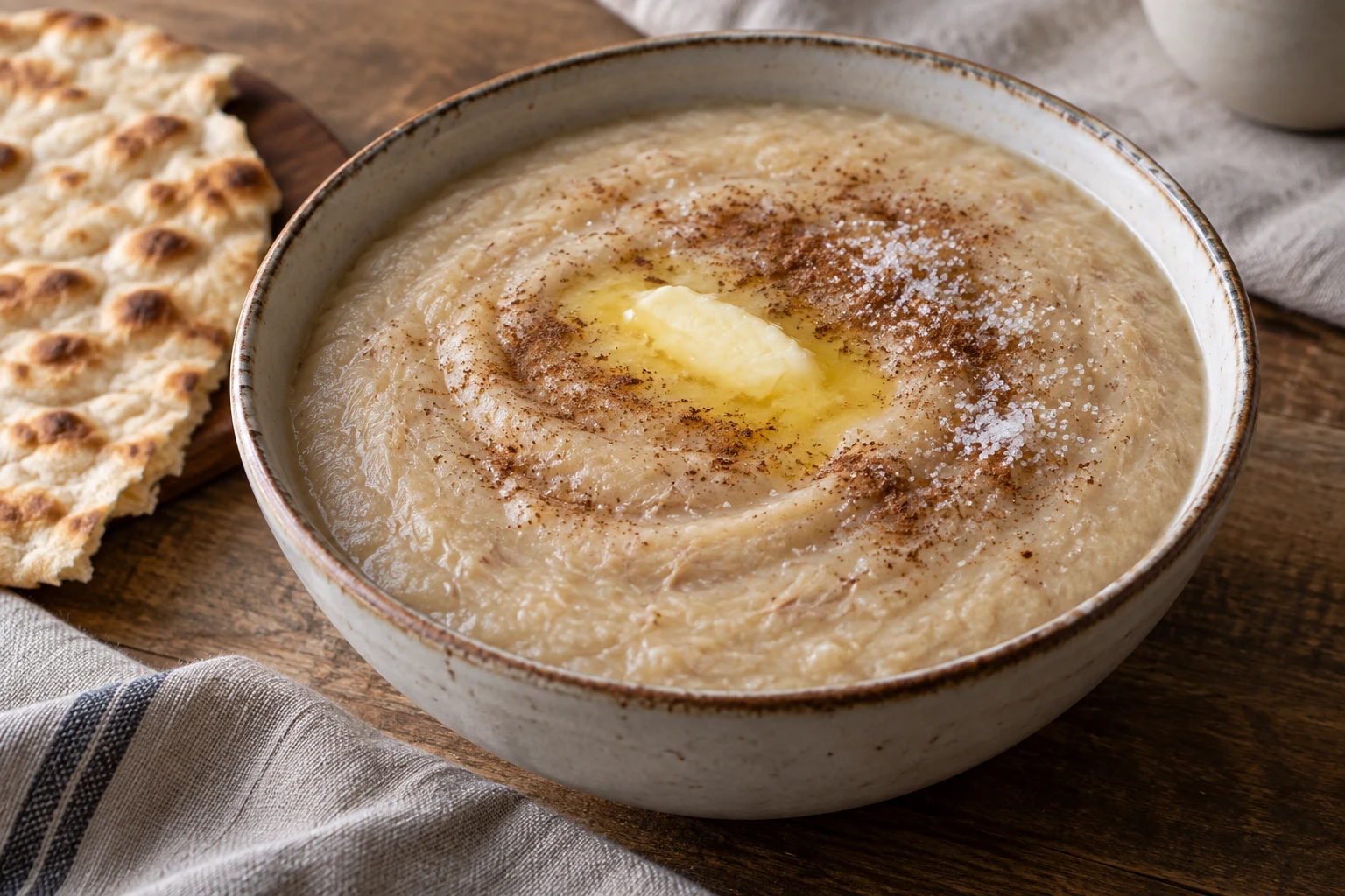A bowl of thick pale halim with butter, cinnamon, and sugar beside flatbread