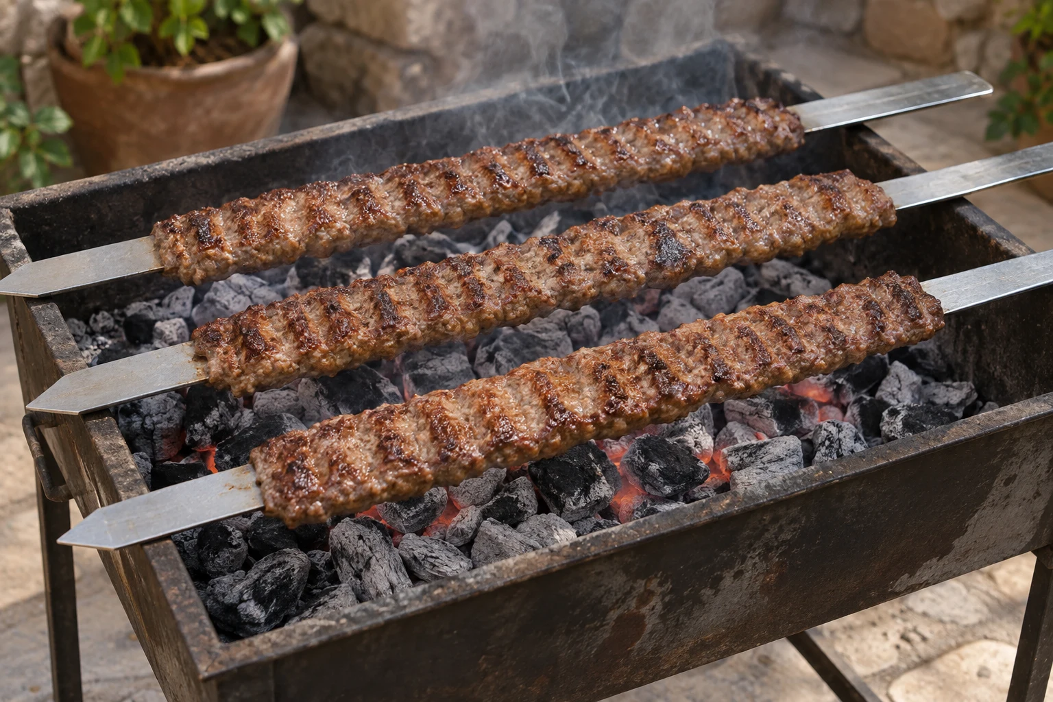 Three koobideh kebabs on broad flat metal skewers suspended over charcoal