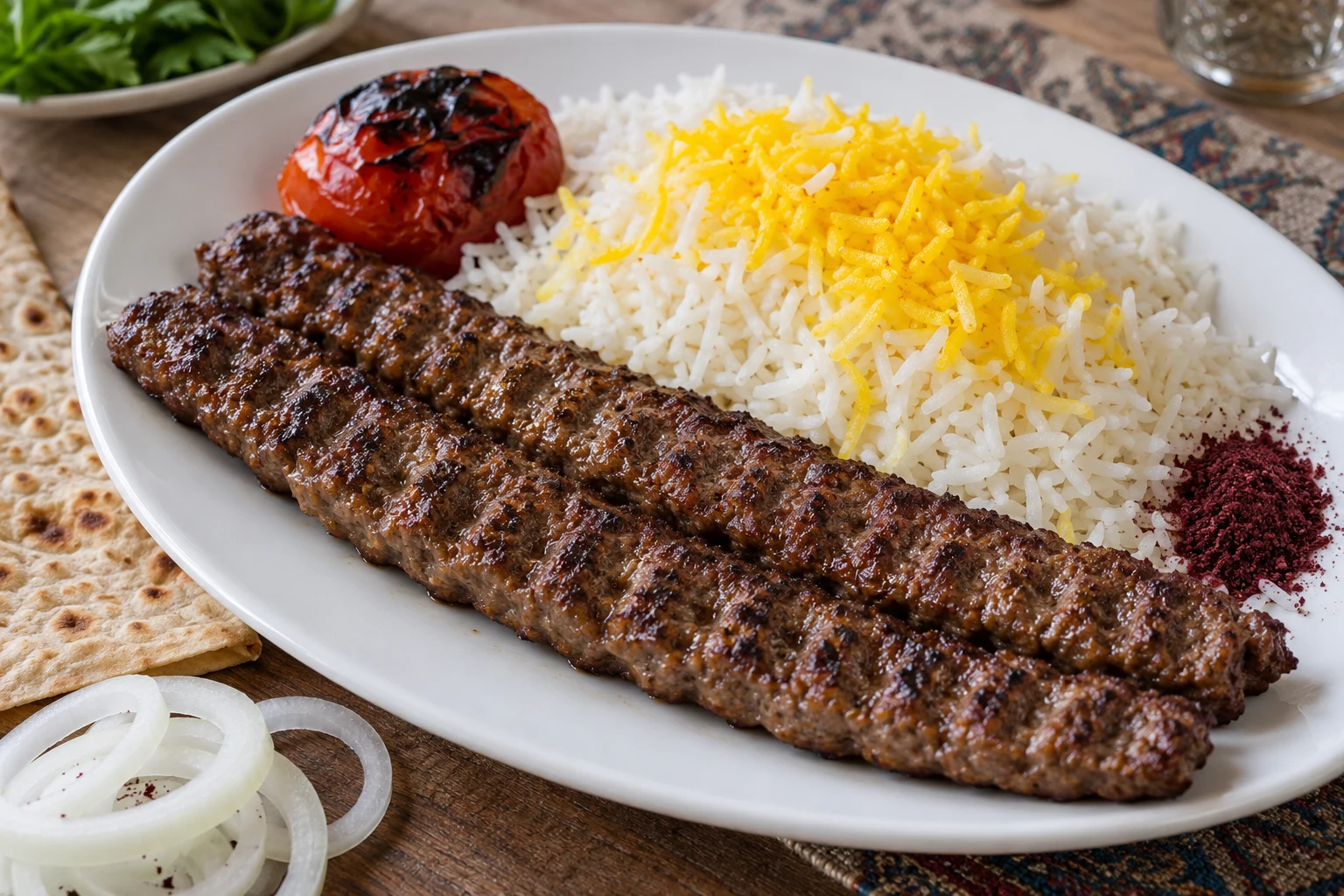 Two long ridged koobideh kebabs with rice, grilled tomato and sumac