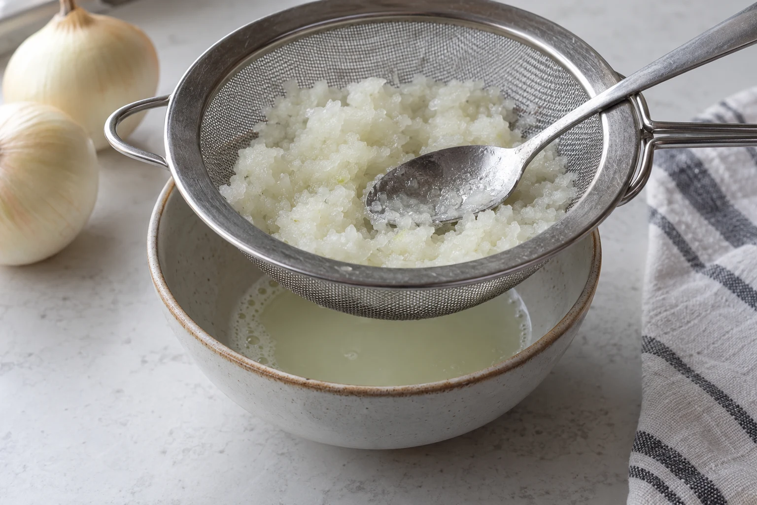 Grated onion pulp draining in a sieve over collected onion juice