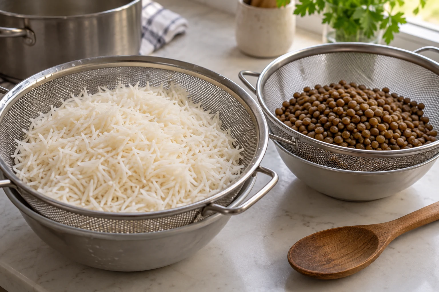 Two separate colanders holding drained parboiled long-grain rice and intact cooked brown lentils