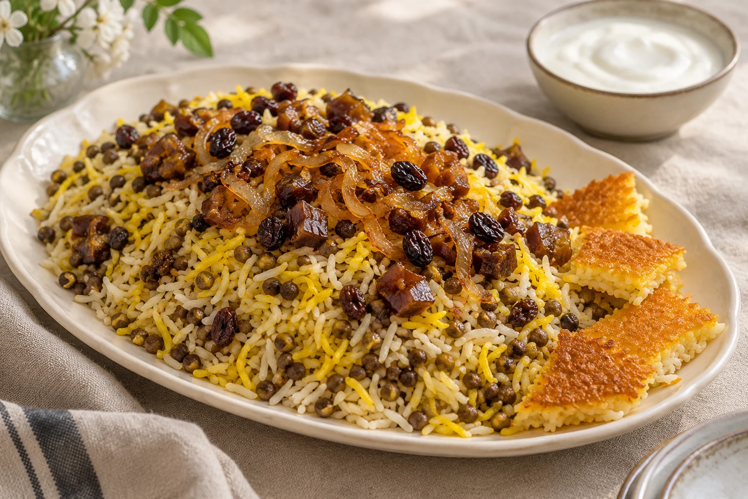 Fluffy long-grain rice and brown lentils with caramelized onions, raisins, dates, and crisp rice crust pieces