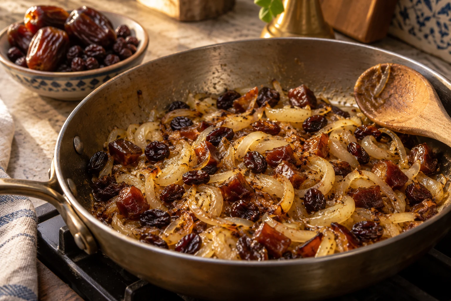 Golden onion strands, dark raisins, and chopped dates warming together in a small skillet