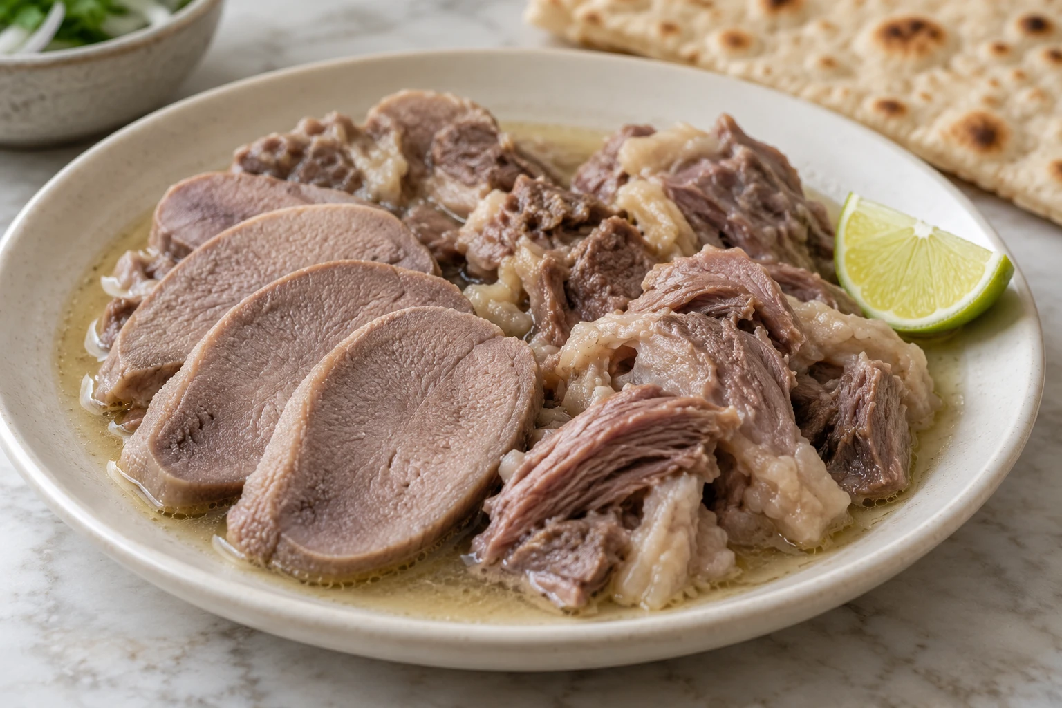 Slices and small pieces of cooked meat moistened with pale broth on a plain plate
