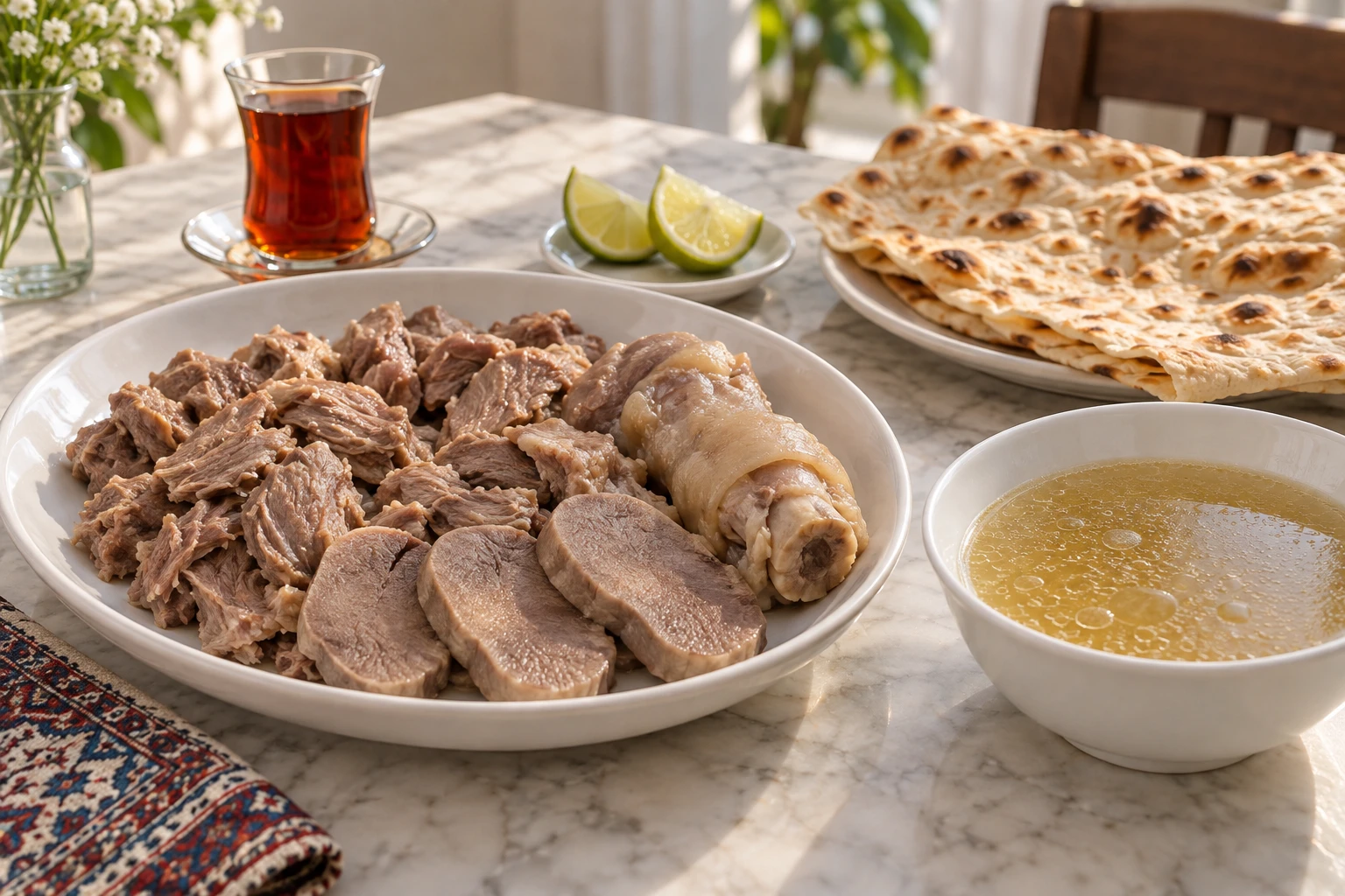 Cooked meat cuts served separately from pale broth with flatbread, lime and black tea