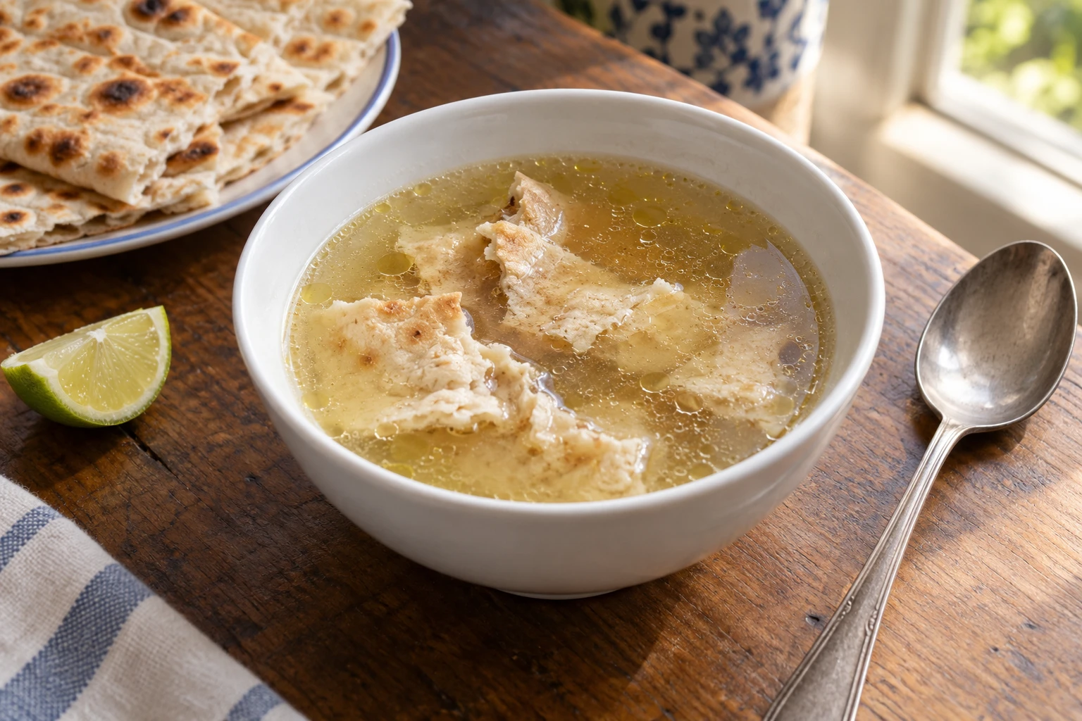 Torn flatbread soaking in a small bowl of pale golden meat broth with lime beside it