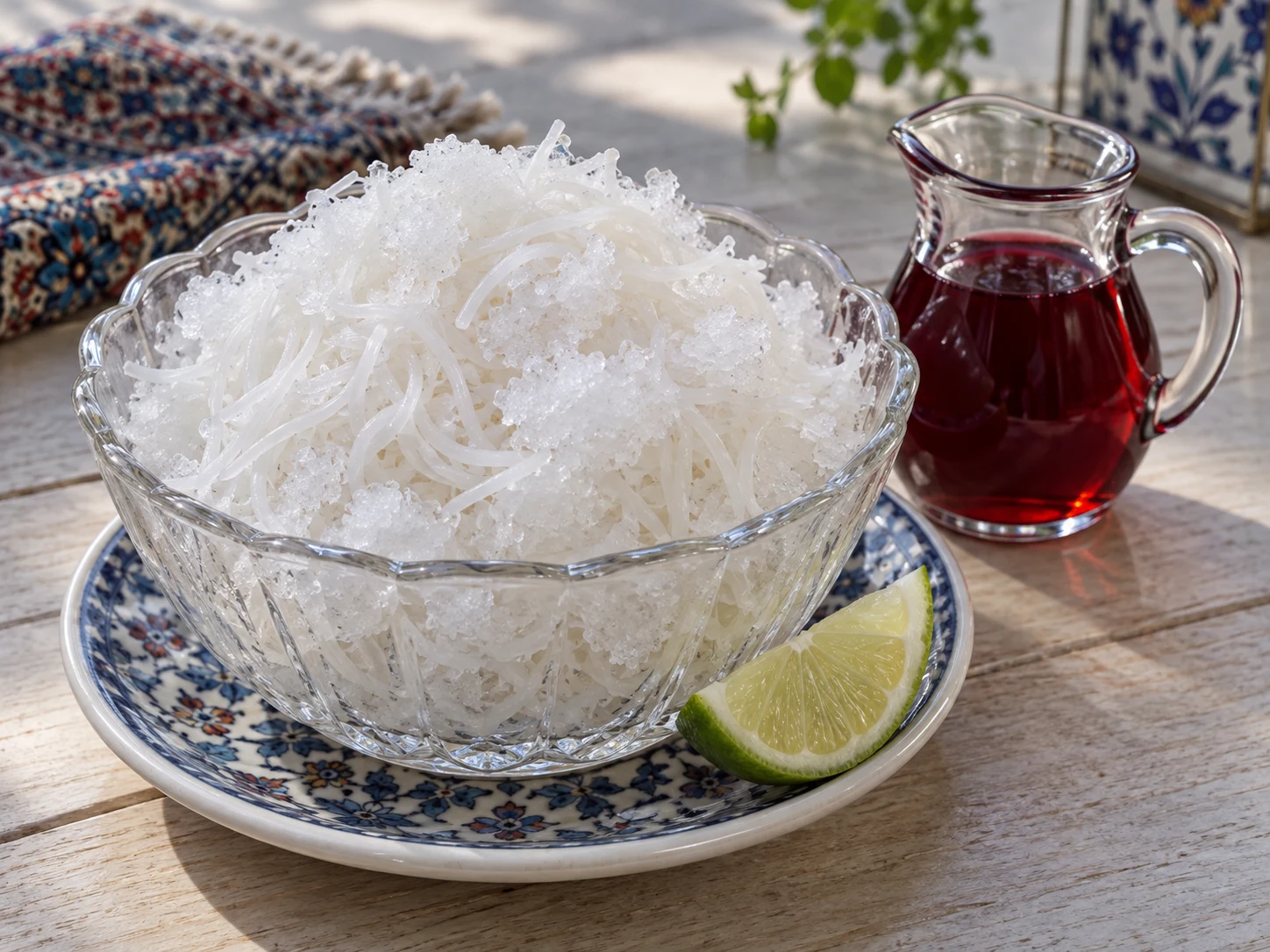 White frozen faloodeh with thin noodles and ice crystals in a glass bowl beside lime and cherry syrup.