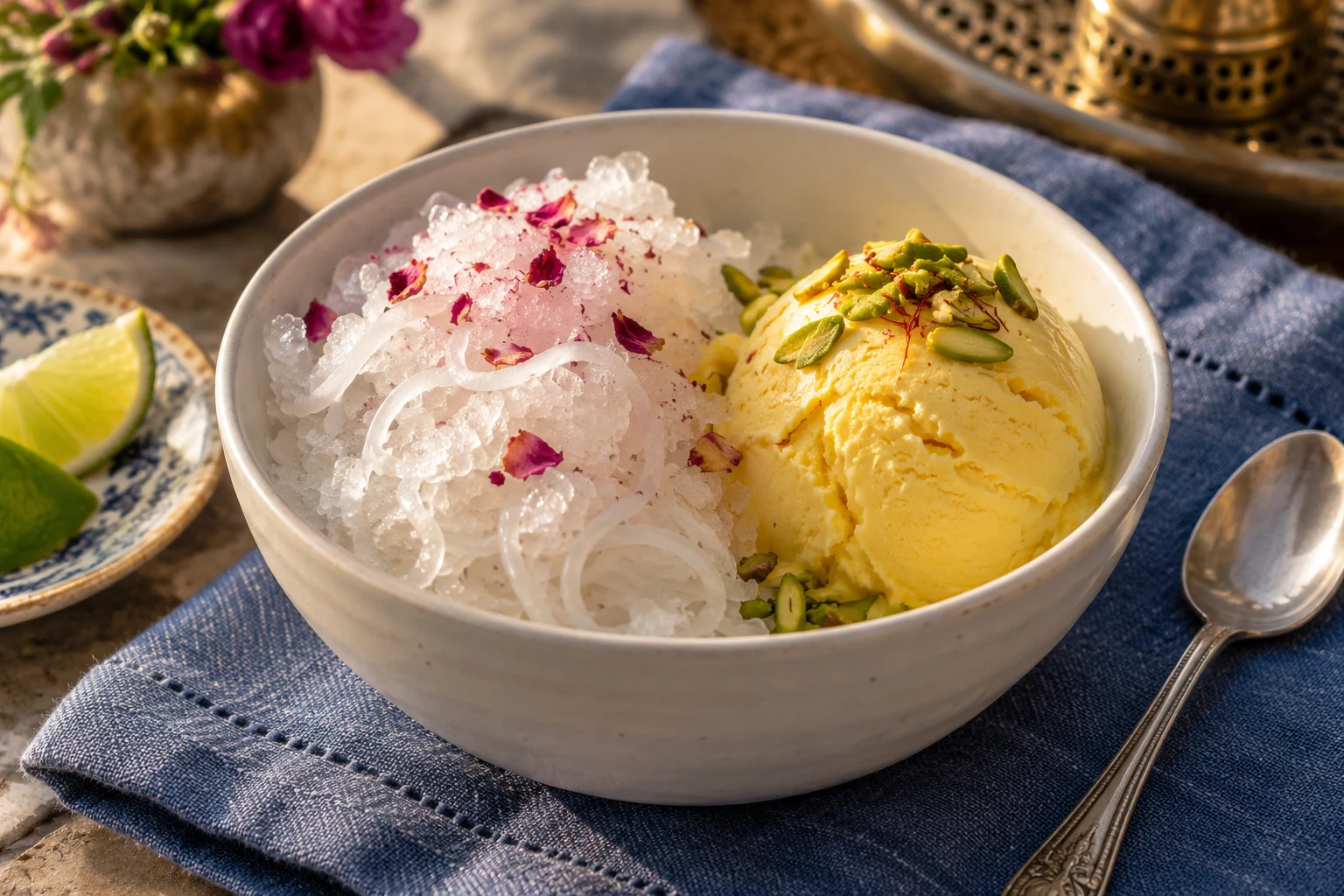 White faloodeh beside yellow saffron ice cream topped with pistachio slivers in a cream bowl.