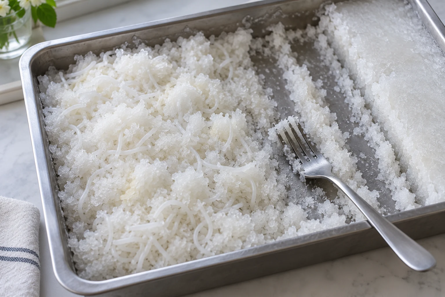 A fork rests in a scraped channel through white noodle granita in a shallow metal tray.