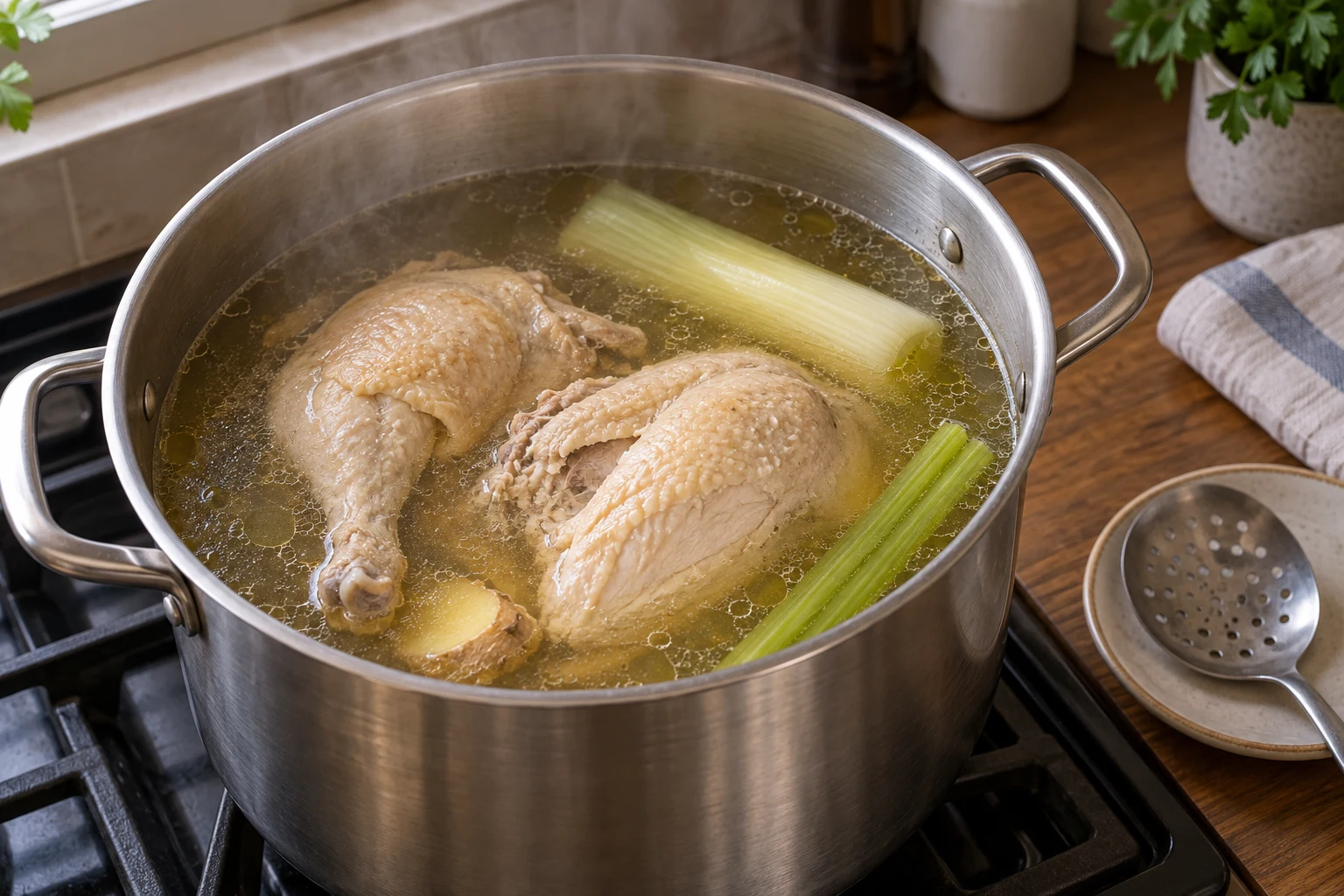 Cooked hen pieces simmer in a stockpot with leek, celery and ginger before noodles are added.
