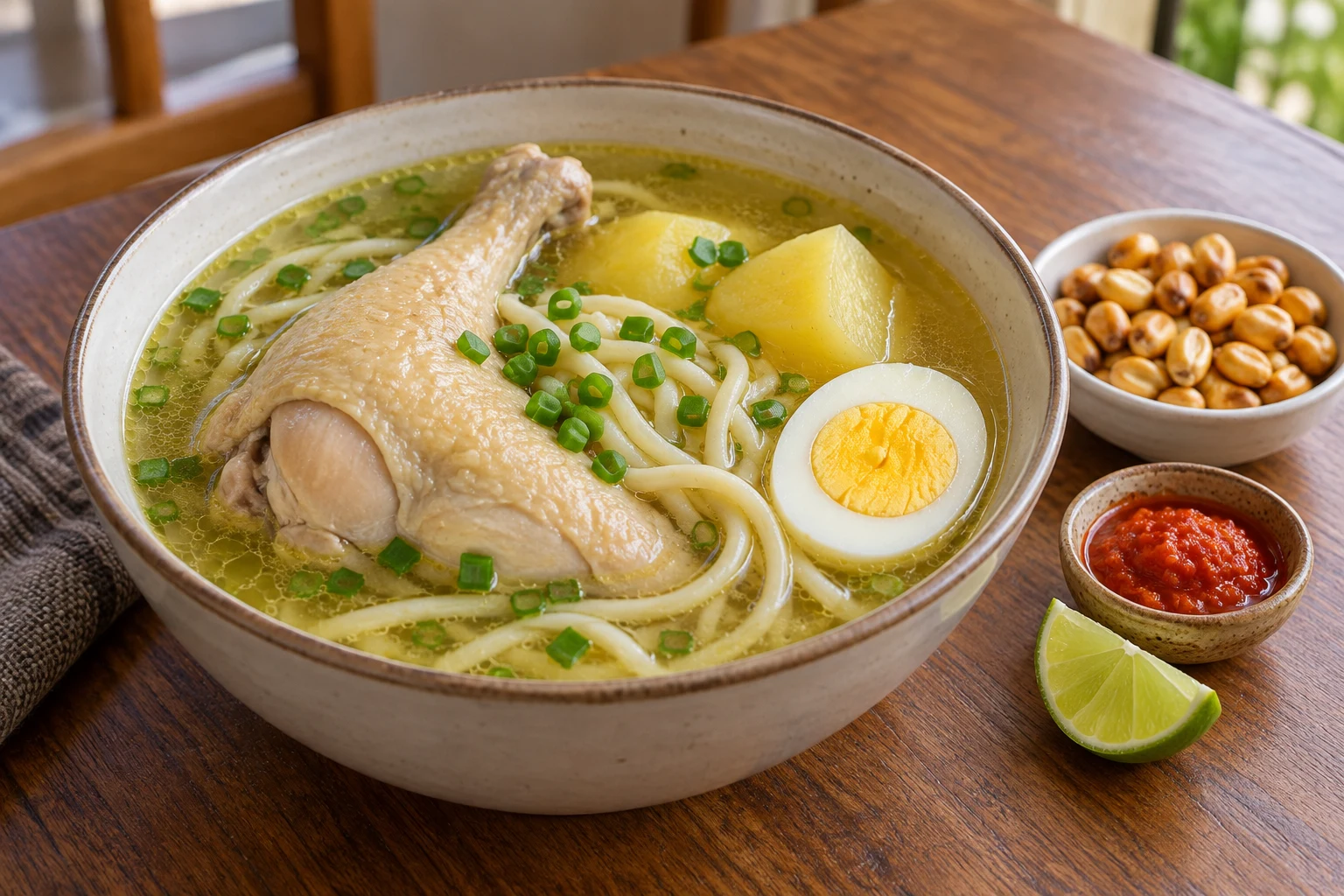 A bowl of golden Peruvian hen broth with a cooked poultry leg, long noodles, yellow potato, hard-boiled egg and scallion, beside toasted corn and lime.