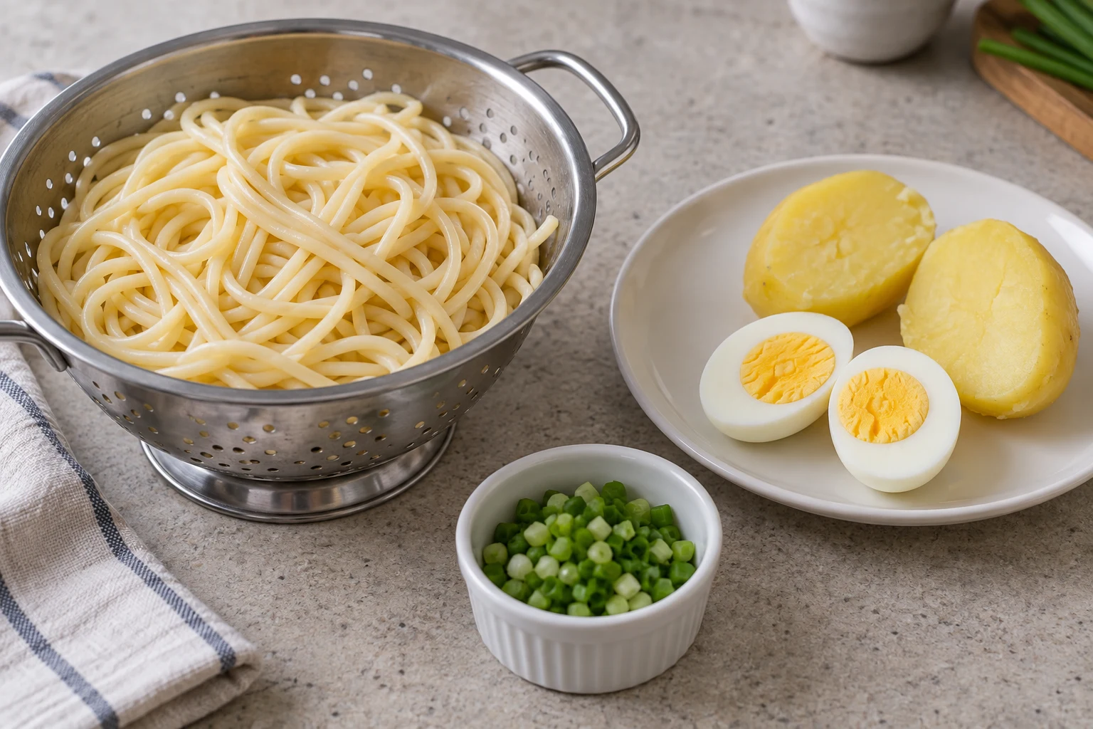 Drained long noodles in a colander beside cooked yellow potato, a halved hard-boiled egg and chopped scallion.