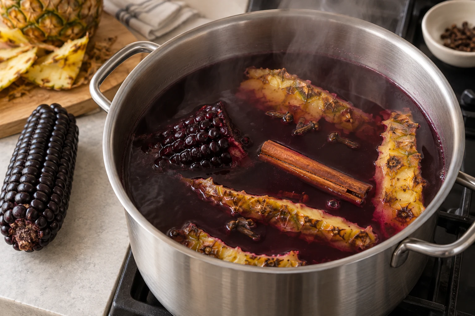 Purple corn and pineapple peels simmering in burgundy-purple liquid with cinnamon