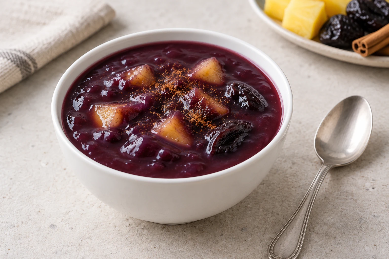 Glossy deep purple mazamorra morada with soft fruit pieces and a light cinnamon dusting