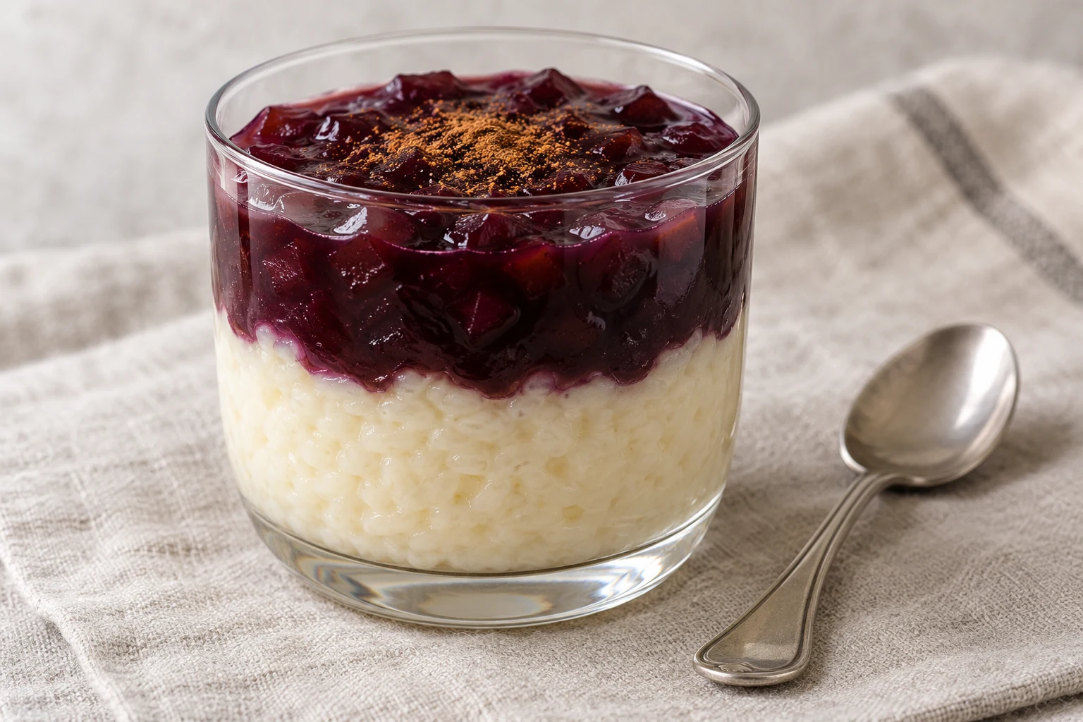 Clear dessert glass with white rice pudding beneath a layer of purple mazamorra morada