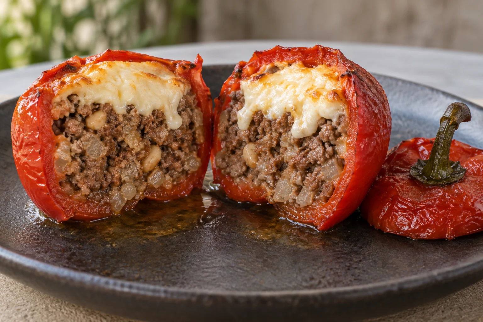 A cooked stuffed rocoto cut into two halves, exposing brown meat filling beneath white cheese