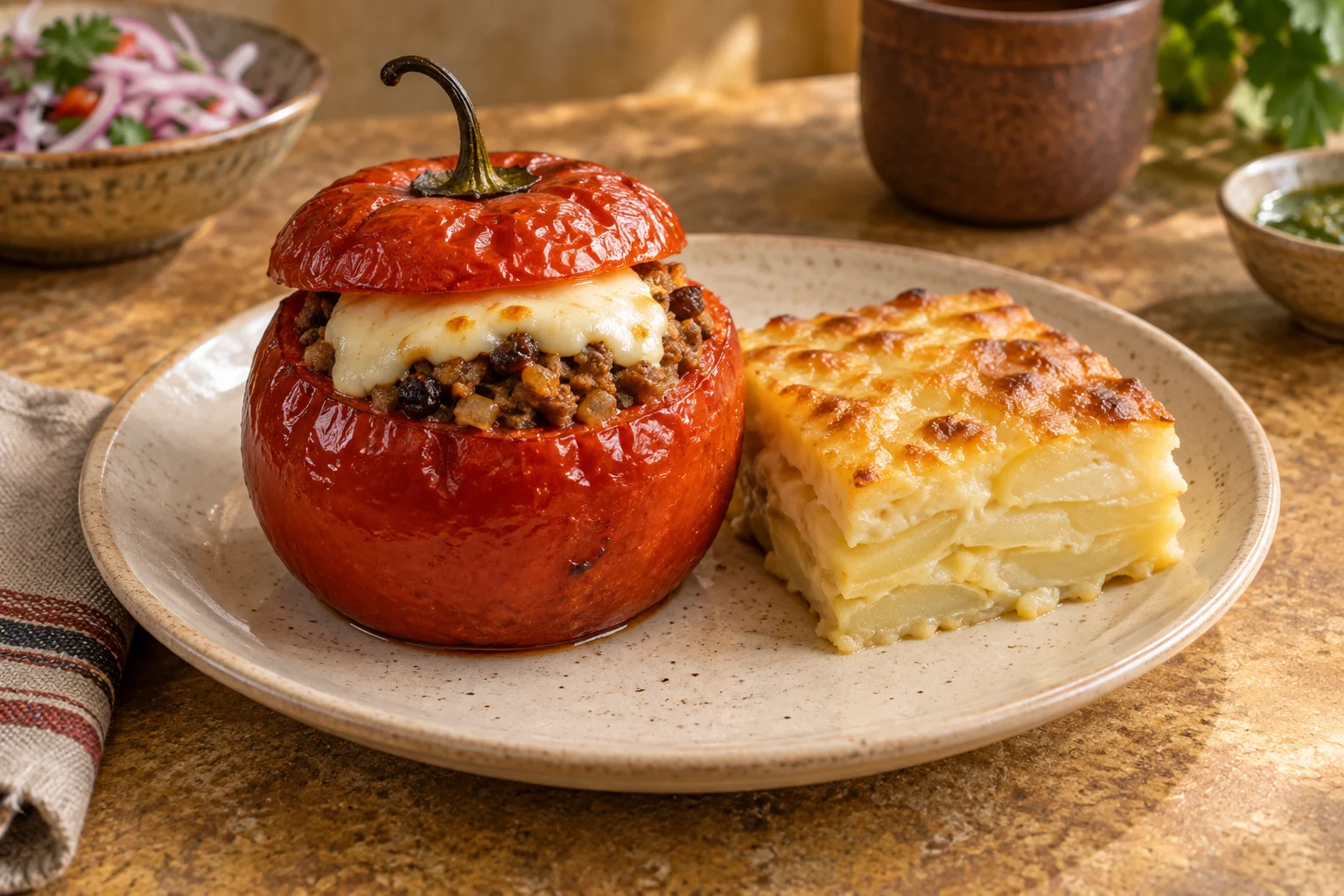 A round red stuffed rocoto with softened cheese and its cap beside a square of layered potato bake