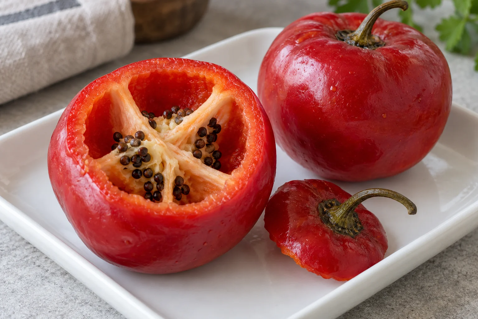 A round red rocoto opened at the top, showing pale inner ribs and dark seeds
