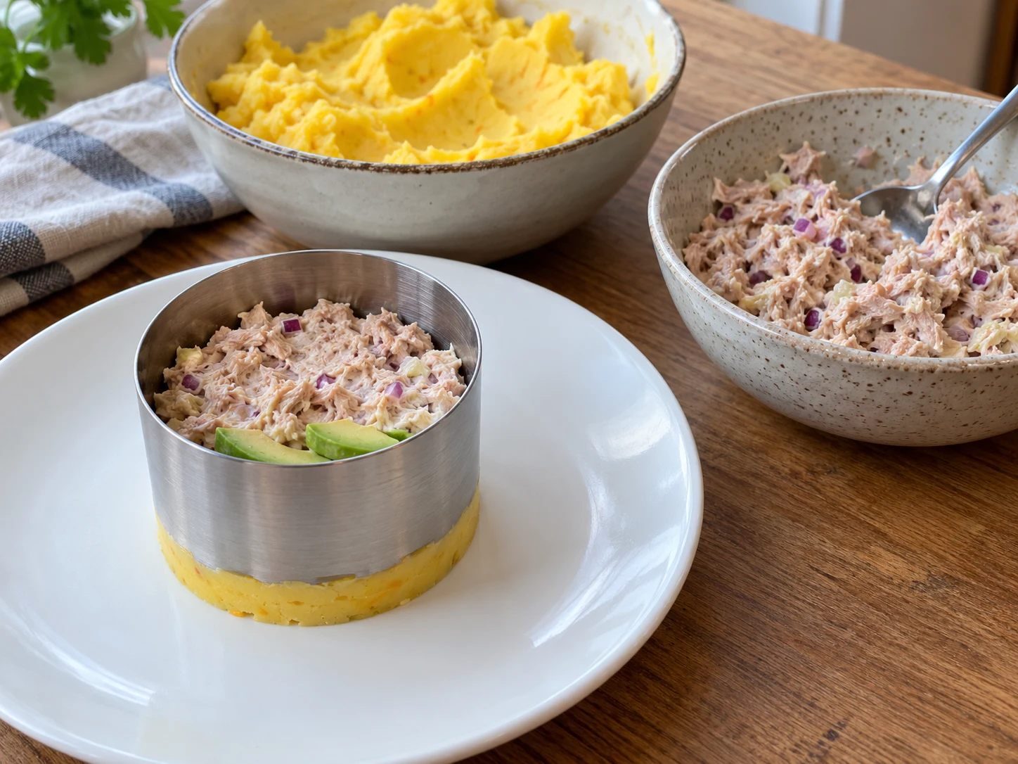 An unfinished causa inside a metal ring with tuna filling, avocado and bowls of potato and fish nearby