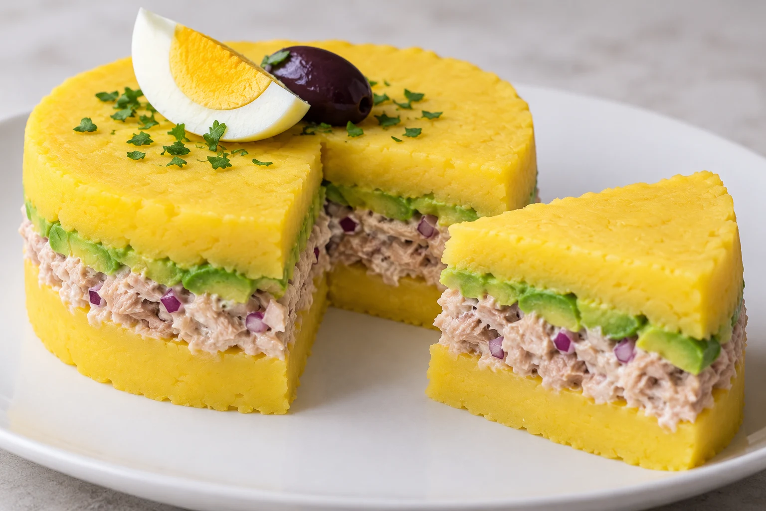 A wedge removed from a round tuna causa revealing yellow potato, pale tuna, purple onion and avocado