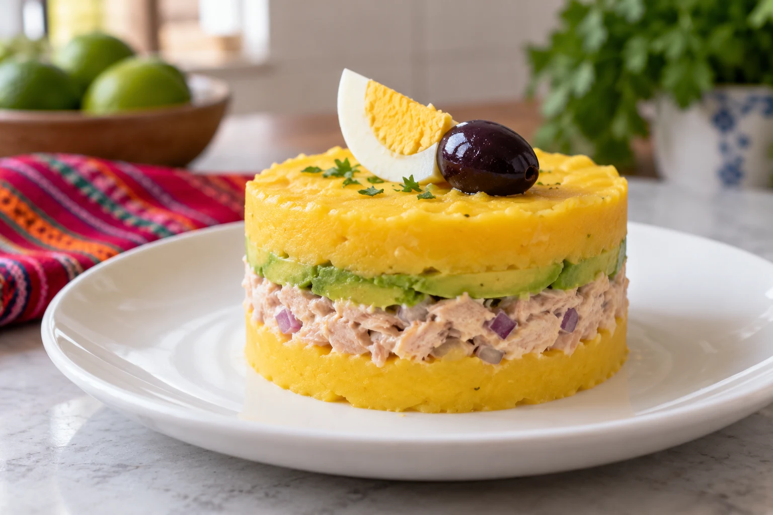 Round yellow potato causa with tuna and avocado layers topped with a hard-boiled egg quarter and black olive