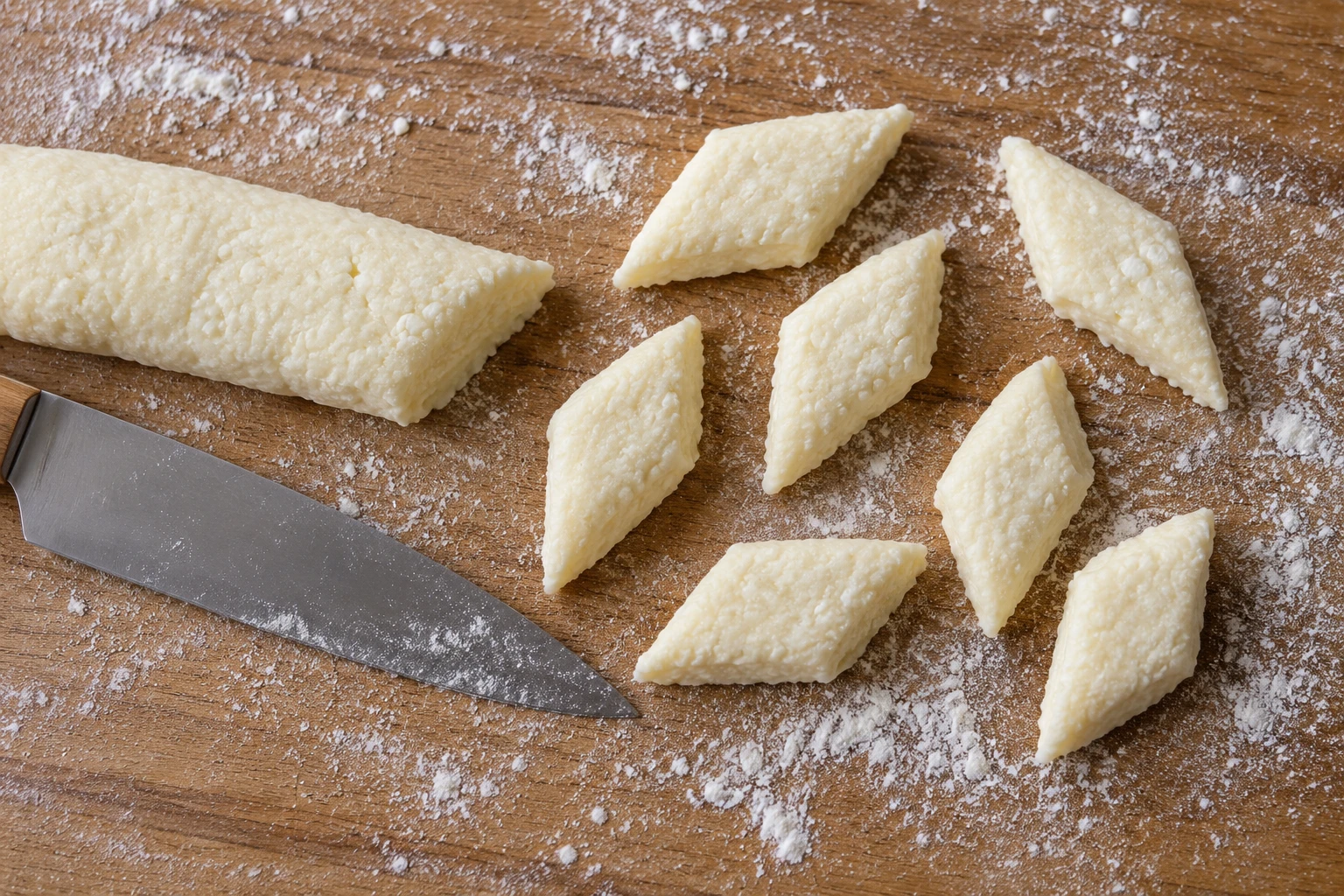 A flattened roll of pale cheese dough and several diagonally cut pieces on a floured wooden board.