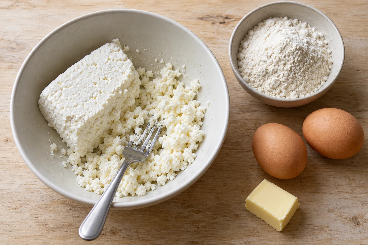 Firm crumbly white twaróg in a bowl beside wheat flour, whole eggs and butter.