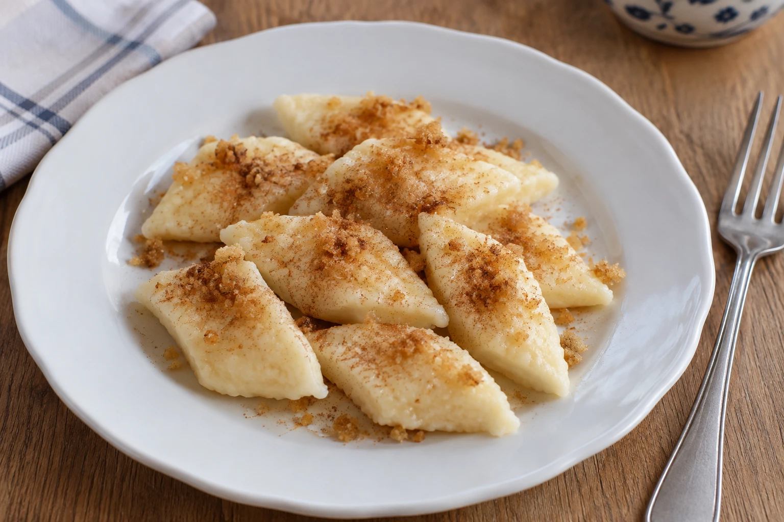 Pale diagonal cheese dumplings topped with golden buttered breadcrumbs and cinnamon on a white plate.