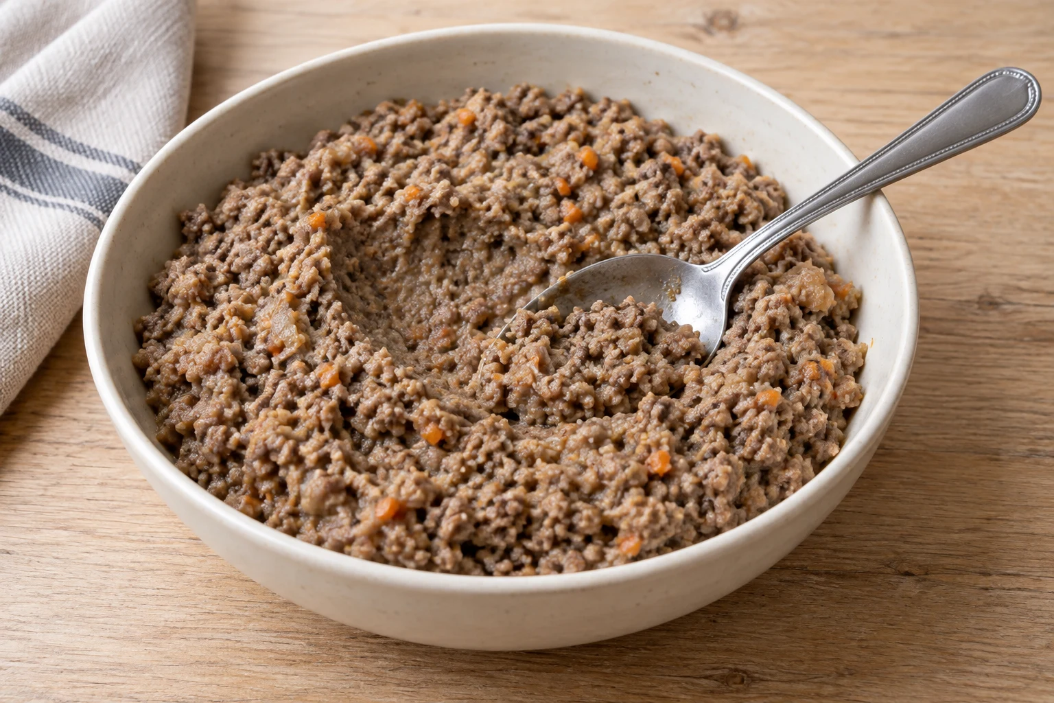 Moist ground cooked beef filling with small carrot and onion pieces, holding a spoon groove without loose liquid
