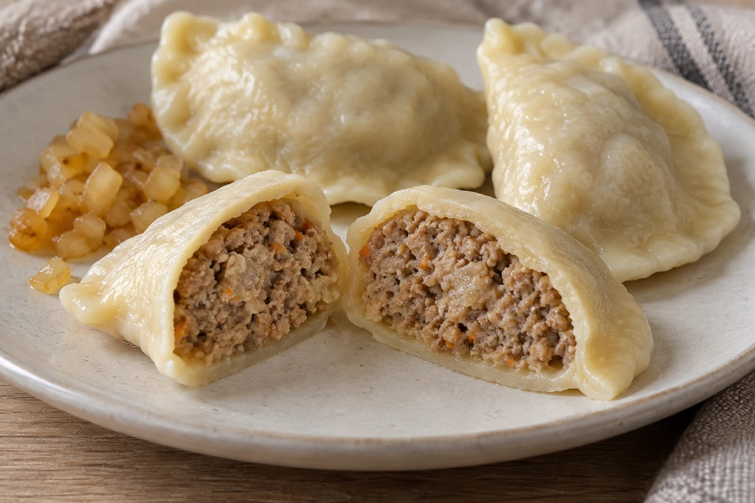 A boiled meat dumpling cut open to show its thin ivory wrapper around cooked beef, onion and carrot filling