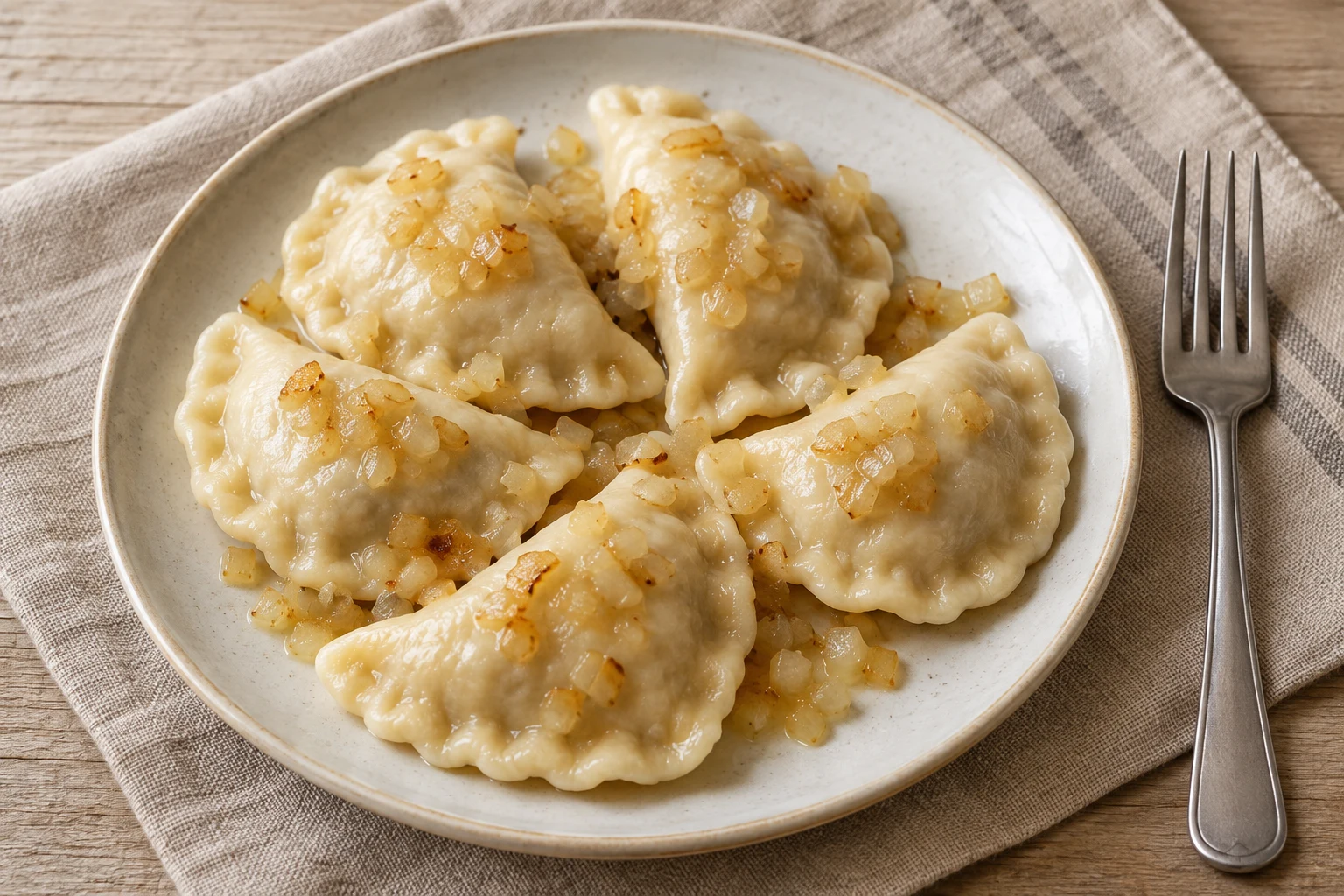 Boiled crescent-shaped meat pierogi with pinched edges and softened golden onion on a ceramic plate
