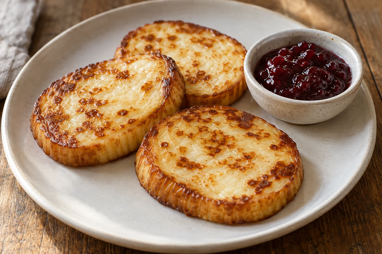 Browned slices of smoked sheep cheese served with a small bowl of cranberry preserve