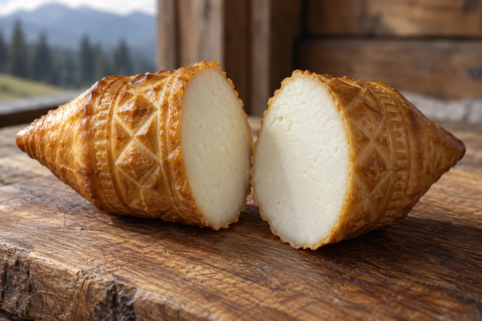 A cut oscypek spindle showing a pale dense interior beneath the golden rind