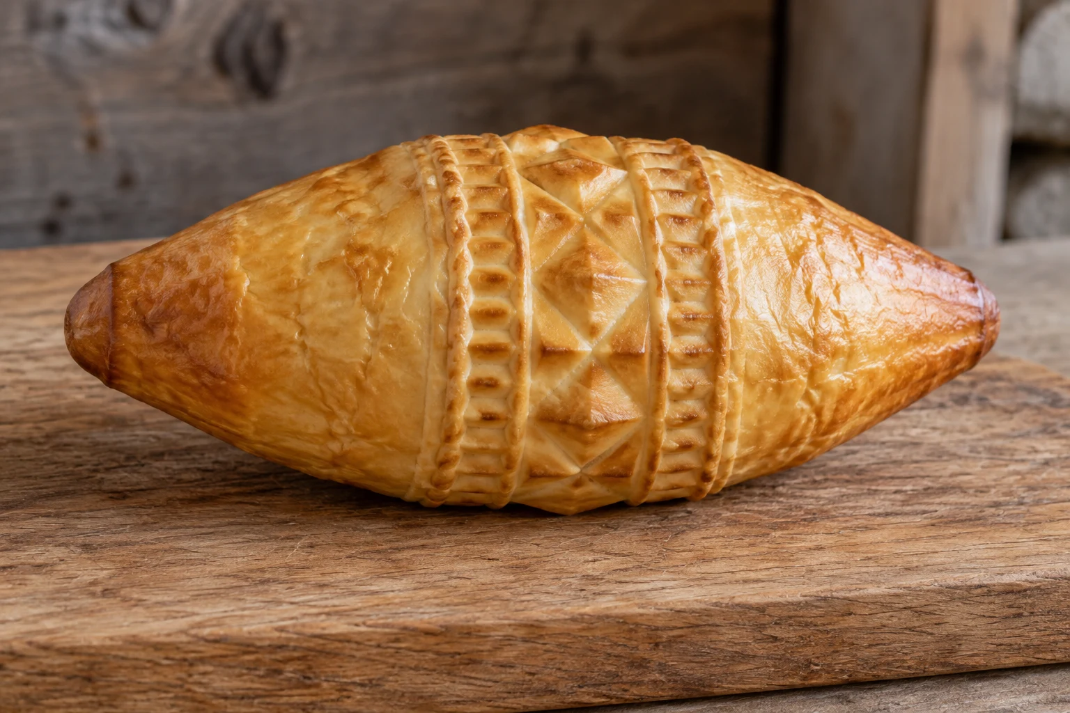 A golden spindle-shaped oscypek cheese with a patterned central band