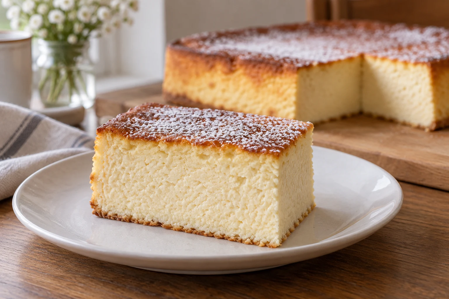 A rectangular crustless sernik slice with a golden top and pale fine curd interior