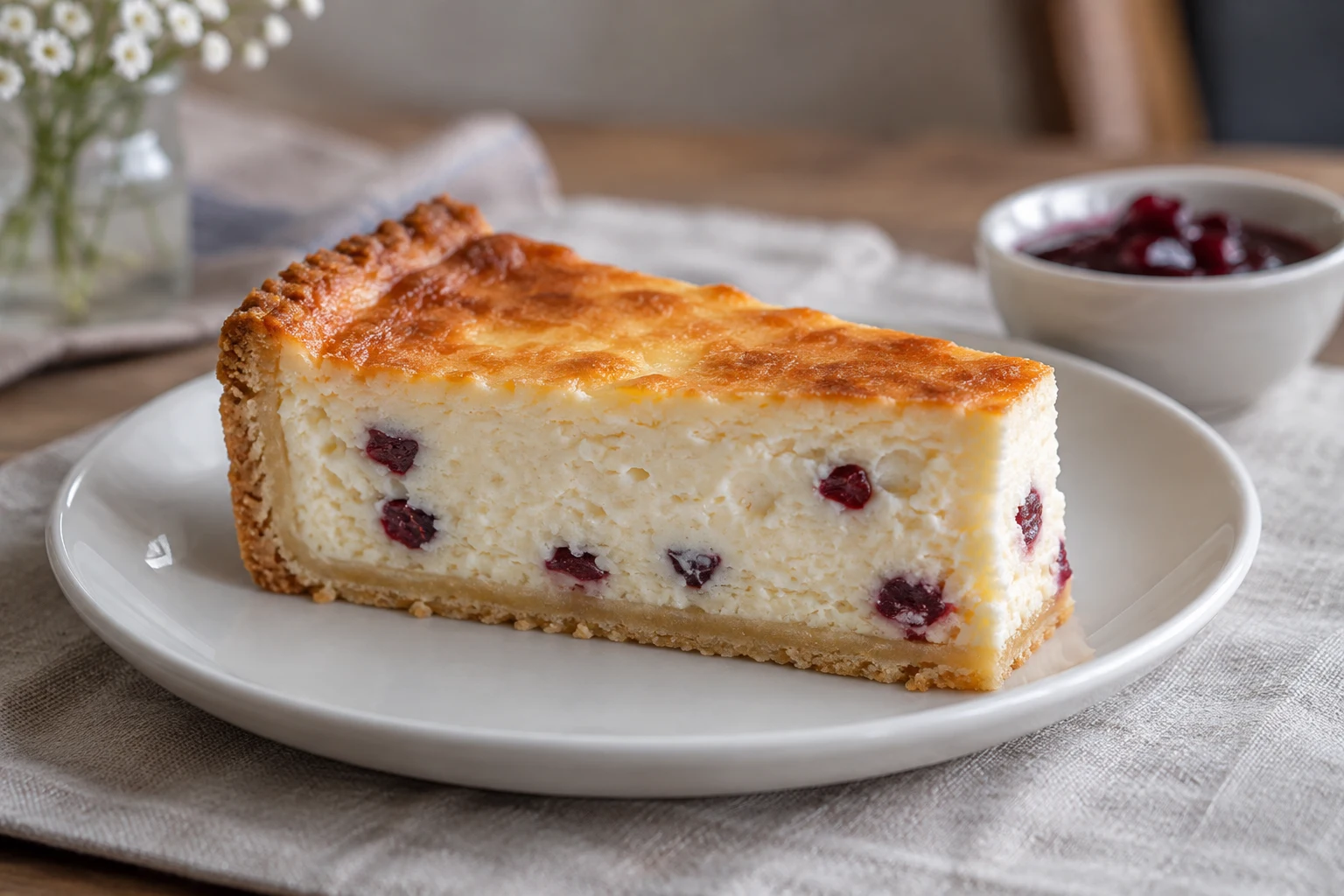 A sernik slice with shortcrust pastry underneath and small dried cranberry pieces in its filling