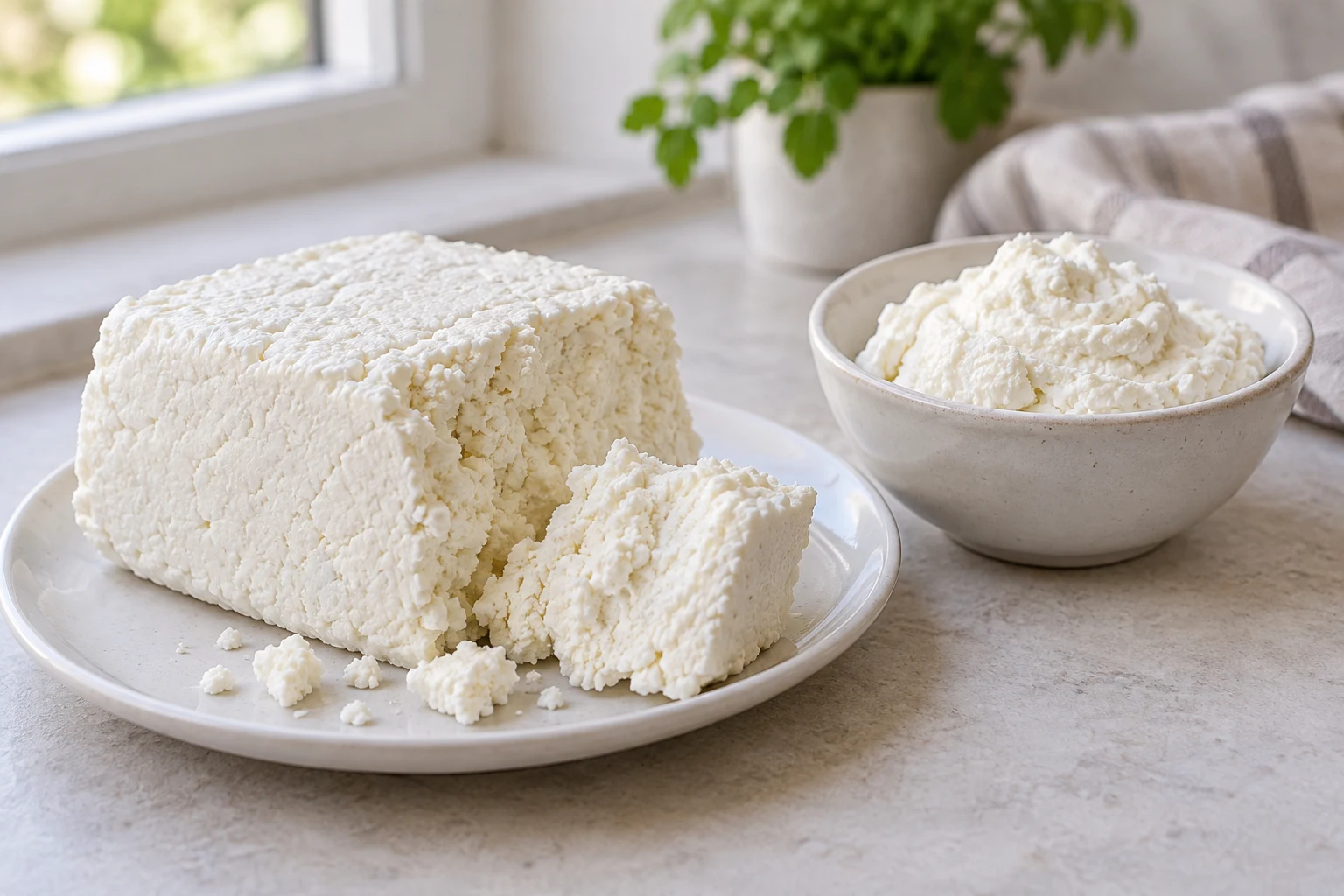A crumbly white twaróg block beside a bowl of prepared curd cheese