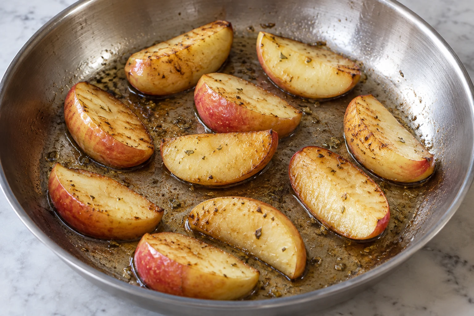 Golden apple wedges with their red skins intact, spaced across a shallow steel frying pan.