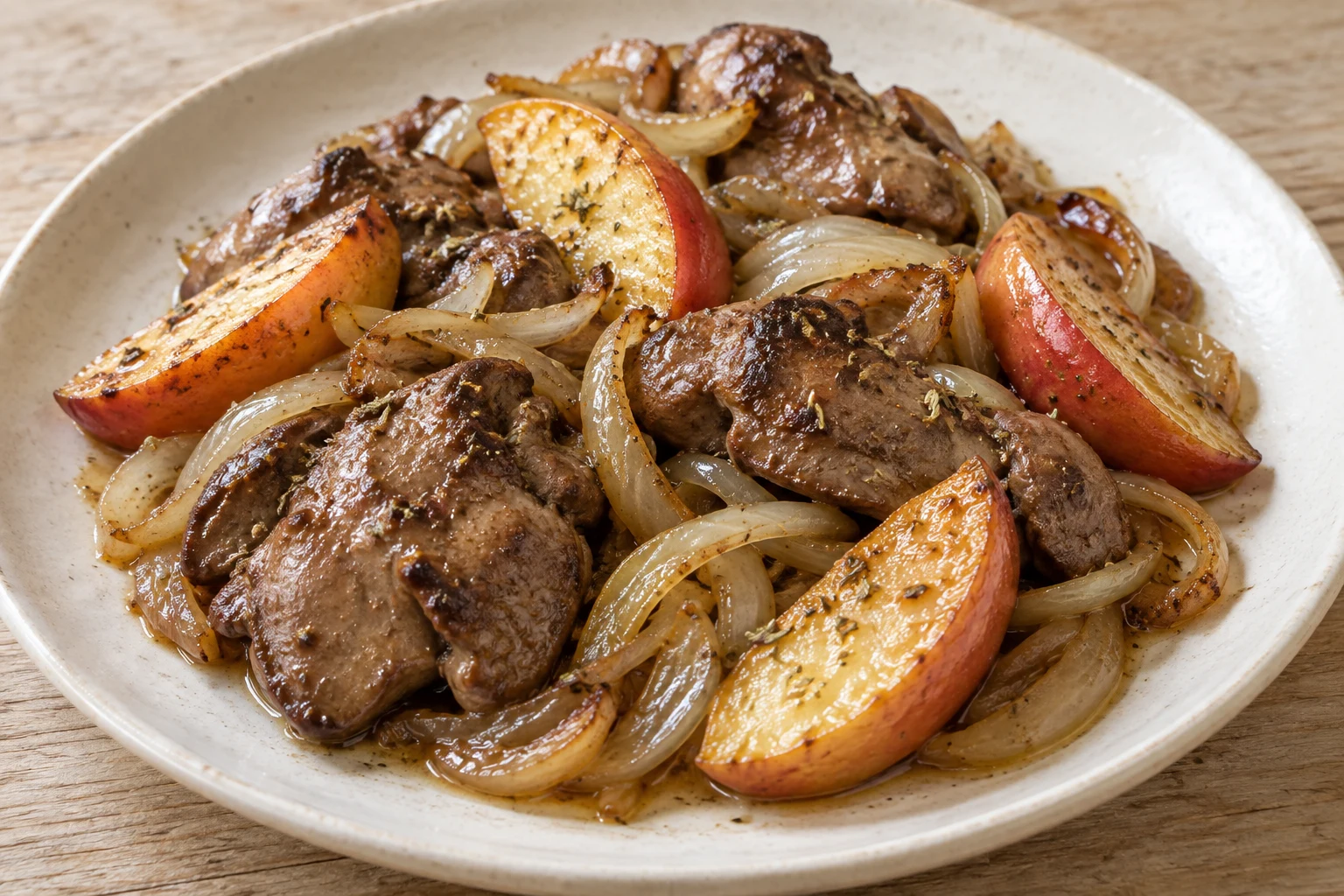 Browned chicken liver lobes with golden onion half-moons and skin-on apple wedges on an ivory plate.