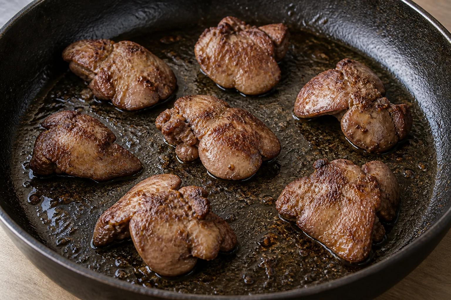 Irregular chicken liver lobes browning in a single spaced layer in a broad dark skillet.