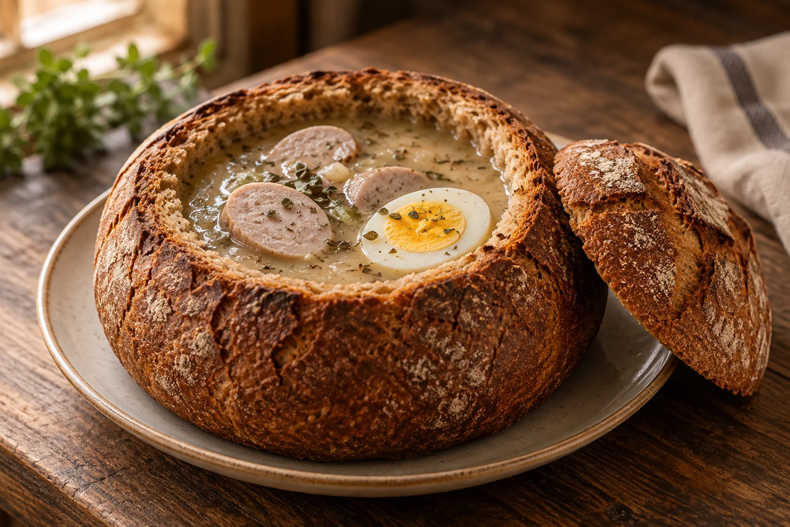 Sour rye soup with cooked sausage and an egg half served inside a hollowed round rye bread loaf