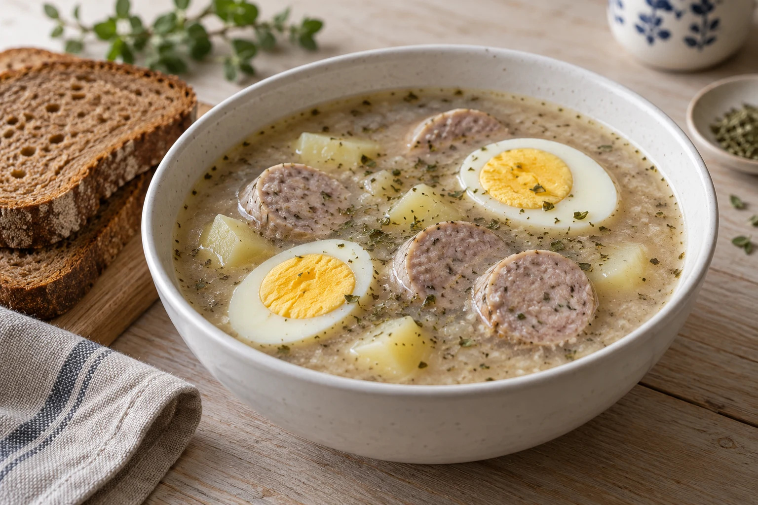 Creamy beige Polish sour rye soup with cooked white sausage slices, potato and hard-boiled egg halves