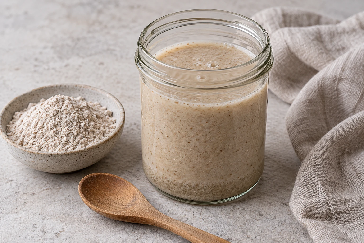 Plain glass jar of cloudy beige rye-flour starter beside a small dish of wholemeal rye flour