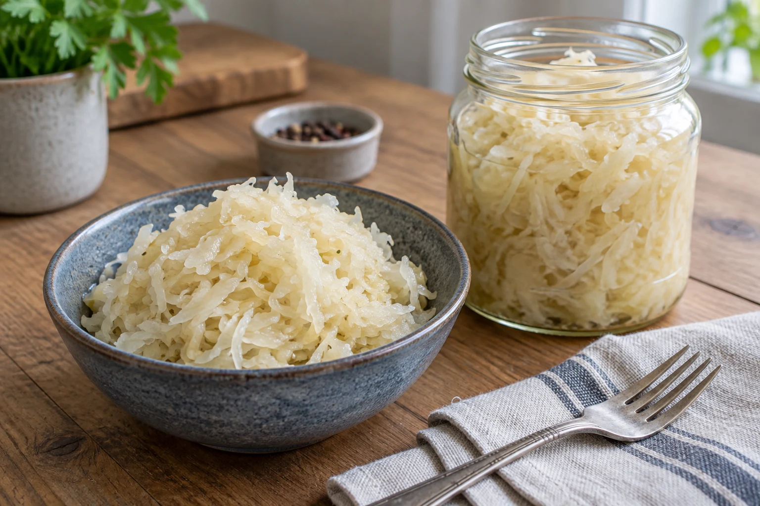 Pale shredded sauerkraut in a ceramic bowl beside an open unlabeled jar.